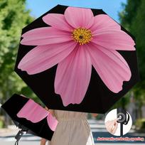 1pc Soft Pink Cosmos Blossom Patterned Print Folding Umbrella, Blocking, Thickened Reinforced Frame, Ideal for Weekend Outings (as the picture,Iron&8K)