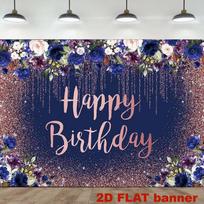 2D Navy Blue Rose Gold Birthday Party Backdrop, Floral Glitter Photo Booth Background 47.2x31.5inch/120*80cm