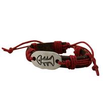 Retro Unisex Cowhide Alloy Fish Bone Carving Wrist Band Bracelet Jewelry Accessory(Dark Red)