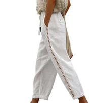 Women Pants Side Hollow Design Elastic Waist Solid Color Ankle Length with Pocket Decorative Cotton Flax Summer Trousers Tie-up Sweatpants for Women M balta