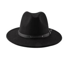 Womens Classic Wide Brim Floppy Panama Hat Belt Buckle Fedora Hat juoda