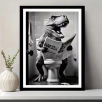 Juokingas T-Rex dinozauras ant tualeto plakatas - Vonios kambariui tinkamas, kambariui, modernus T-Rex Rex menas, dekoracija svetainei, miegamajam, be rėmo drobės tapyba 20x30cm gray