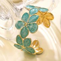 Dripped Oil Flower Cuff Bracelet Stainless Steel Floral Open Bangle Elegant Floral Bracelet  Women mėlyna