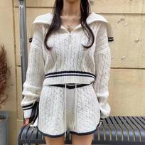 Fashion Knit Women Short Sweater Straight Leg Shorts Autumn Winter Elegant Turn-down Collar Casual Loose Two-piece Set High Waiste Long Sleeve Outfits One size balta