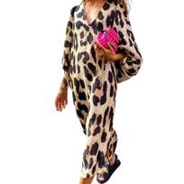 V-Neck Lantern Sleeve Side Split Hem Women Dress Leopard Print Loose Elegant Party Dress Female Clothing L Leopard Print beige