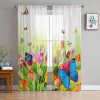 Butterfly Green Leaf Gėlė Šiuolaikinės tiulio užuolaidos, skirtos svetainei miegamajam Namų virtuvės langui permatomos užuolaidos 135W x 114H(cm)