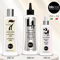 BBcos Revival 7-14-21 profesionali plaukų atkūrimo procedūra. Šampūnas 250 ml, lamelinis balzamas 250 ml ir 21/1 purškiklis 100 ml. Atkuria, maitina, suteikia žvilgesio ir termoapsaugą.