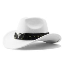 Hot Sale Western Cowboy Hat Wide Brim Belt Buckle Retro Riding Top Hat Fedora Hat for Women Men M56-58cm balta