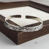 100% Kieto 925 Sidabro Retro Apyrankė Moterims Vyrams Vintage Rankų Darbo Gėlių Rašto Apyrankė Gimtadienio Dovana gray