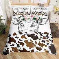 Highland Cow Duvet Cover King Microfiber Western Farmhouse Animal Bedding Set Leopard Cow Skin Fur Floral Print Comforter Cover EU single(135x200cm) gray