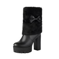 Women's Fur Platform Ankle Boots Shoes Fashion Bow 11CM High Heels White Black Autumn Winter Short Boot Ladies Large Size 34-50 39 black