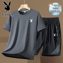 Playboy Vyriškas Dryžuotas Ledo Pojūčio Marškinėlių ir Šortų Komplektas 4XL gray