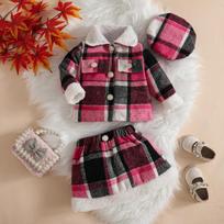 Autumn Winter Baby Xiao Xiang Feng Mao Mao Casual Worsted Lapel Plaid Single-Breasted Coat Skirt Beret 6-9M rožinė raudona spalva