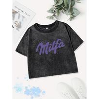 Summer Cotton Crop Tops Women Milfa Letter Prints Washed T-Shirts Distressed Regular Fit O-Neck Streetwear Clothes M