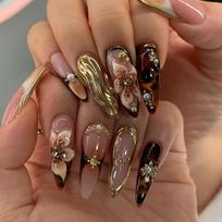 Press on Nails Gold Fake Nails Flower Glue on Nails with 3D Design Almond Stick on Nails Glossy Artificial Acrylic Full Cover False Nails for Women brown