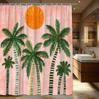 1Pc Mid-Century Modern Palm Trees Shower Curtain - Stylish Black-And-White Striped Trunks, Orange Sun & Pastel Pink Background W60H190(CM)-1 Pcs
