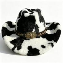 Zeyu Cow Print Faux Fur Cowboy Hat Unisex Four Seasons Travel & Party Warm Fluffy Western with Bull Head Buckle ODM / One Size