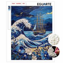 Frameless Pearl Painting DIY Kit Blue Ocean Wave Sailboat Floral Art 3D Sparkling Bead Canvas Relaxing Creative Craft for Art Lovers 30x40cm