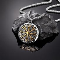 Never Fade Norse Compass Gold Necklace Men Vikings Runes Stainless Steel Trident Vegvisir Amulet Pendant Icelandic Jewelry