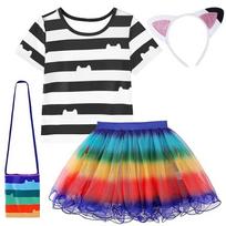 Kid Gabby Cosplay Doll House Dress Up Outfits Summer Cute Striped T-shirt Mesh Skirt Clothes Suits Girls Role Play Birthday Gift 110