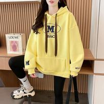 Women's Oversized Letter M Print Yellow Hooded Sweatshirt L geltona