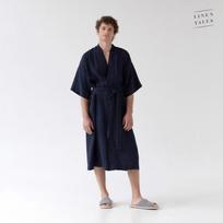 Linen Tales Bilberry Blue Linen Summer Bathrobe Unisex Lininis chalatas trumpomis rankovėmis S-M