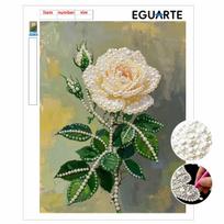DIY Frameless Pearl Painting Kit Elegant White Rose Blossom 3D Shiny Bead Art Canvas Relaxing Craft for Adults Home Wall Decor Gift 30x40cm