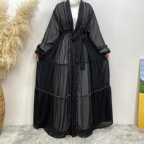 Musulmonų arabų Turkija Artimųjų Rytų mada Elegantiška skaidrios spalvos karoliukais su musulmonų nėriniais šifono megztinio chalatas S juoda
