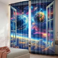 Set Of 2 Space Galaxy Curtains Universe Nebula Galaxies Solar Planet Suitable Bedroom Living Room Dining Bathroom Curtain Polyester Ideal For Area W100*H70(CM)-Rod Pocket&2PCS