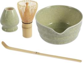 Marble Green Enamel Matcha Set - 4-Piece Ceramic Bowl, Bamboo Whisk, Scoop, Whisk Holder - 500ml Capacity žalia