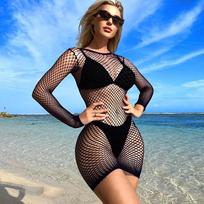 Sexy Fishnet Cover Up For Swimwear Women Summer Plus Size Beachwear Bikini Cover Up Hollow Bathing Suit Cover Up Dress L gray
