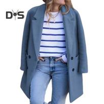 Women Winter Overcoat Double-breasted Turn-down Collar Long Sleeves Buttons Cardigan Plus Size Mid Length Outdoor Woolen Coat S mėlyna