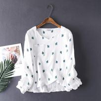 Women's Cotton Pyjamas Water-washed Pijamas Crepe Yarn Short-sleeved Long Pants Sleepwear Home Suit Women Pajamas 2-piece Set M
