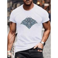 European sizes Men's Tribal Manta Ray T-Shirt with Swirling Marine Motifs - Short Sleeve Summer Beachwear, Casual Round Neck Top, S balta