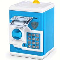Electronic Piggy Bank ATM Mini Money Box Safety Password Chewing Coin Cash Deposit Machine Banknote Toys Gift for Children Kids mėlyna