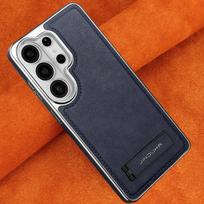 Premium Vintage Leather Case for Samsung Galaxy S26 Ultra S25+Plus S24 with Kickstand Holder Business Stylish Plating Frame Galaxy S26 Plus tamsiai ruda spalva