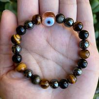Evil Eye Triple Protection Apyrankė Tigro Eye Hematite Obsidian Protection Apyrankė 20cm rožinė