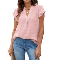 IHUASU Women's Summer V-neck Pull-out Ruffled Sleeve Hairball Top Chiffon Shirt S rožinė