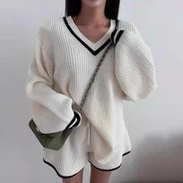 Women Pullover V-neck Knitted Long Sleeve Women Sweater New Two-piece Set Fashion Loose Sport Shorts Suit Winter Autumn Casual Outfits One size balta