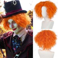 Synthetic Short Orange Curly Wig for Cosplay Halloween Anime Funny Wigs Unisex Messy Cosplay Wig Role Play Mad Hatter Wig Orange-