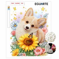 Frameless Pearl Painting DIY Kit Corgi with Sunflowers and Butterfly 3D Sparkling Bead Canvas Relaxing Creative Craft for Art Lovers 30x40cm
