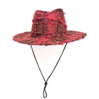 New Style Frayed Edge Plaid Western Cowboy Hat for Men and Women, Outdoor Retro Ethnic Style Top Hat, Jazz Hat raudona