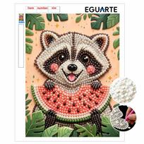 Pearl Painting DIY Kit Cute Raccoon with Watermelon Frameless Sparkling Bead Art Canvas Creative Home Decor Craft for Beginners 30x40cm