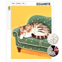 Frameless Pearl Painting DIY Kit Sleeping Cat on Green Sofa 3D Sparkling Bead Canvas Relaxing Creative Craft for Art Lovers 30x40cm