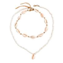 2 Pcs Women Necklace Seashell Length Lobster Clip Adjustable Ancklets Retro Bohemian Style Beaded B white