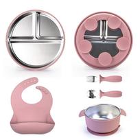 Compartment Plate Children's Tableware Set Divided Suction Cup Plates Baby Plates  Weaning Training tamsiai rausva spalva