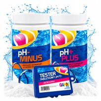 Vandens pH reguliavimo rinkinys GAMIX: pH Minus 1,5 kg, pH Plus 1 kg, testeris