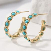 Vintage Bohemian-style Synthetic Turquoise Golden Plated Hoop Earrings for Women  Versatile Vacation Jewelry Accessories Blue-green beige