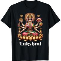 Hindu Goddess Lakshmi on Lotus Bloom, Deity of Wealth Art T-Shirt S juoda