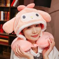 Hooded Cartoon U-Shaped Travel Neck Pillow with Hat - Gift for Girls 33x24 cm